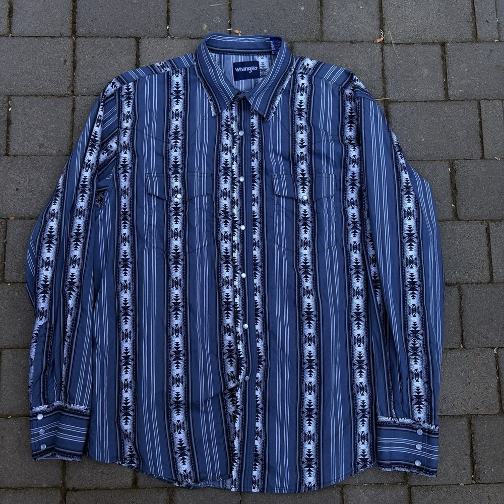 Wrangler Western Aztec Pearl Snap Long Sleeve Shirt Men's XL Blue Cowboy